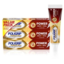 Poligrip Power Max Power Hold + Seal Denture Cream, Flavor Free - 3 x 2.2 Oz