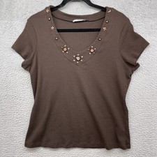 Marks Spencer Womens T-Shirt Brown Short Cap Sleeve Beaded V-Neck Size XL