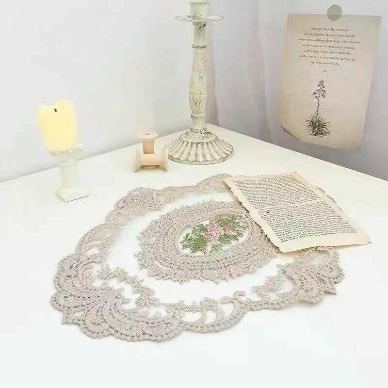 Oval Floral Lace Embroidered Placemats Doilies Table Runner Mats Cover Decor