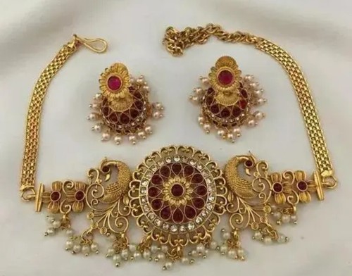 Indian Traditional Gold Plated Beautiful Choker Wedding Jewelry Set For Women's. - Picture 2 of 4