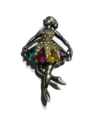 Vintage Sterling Silver Green Pink Purple Yellow Crystal Ballerina Brooch 