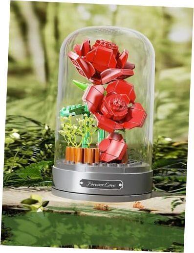 Valentine Red Rose Music Box with Building Blocks and Romantic Melody  