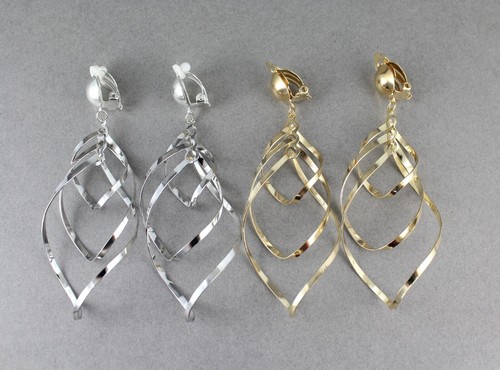 Gold Clip On earrings lightweight clips 3.5" long dangle chandelier big twist - 第 9/9 張圖片