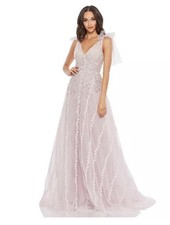 Mac Duggal Blush Champagne Embellished v neck Tulle Maxi Gown Regular 14 new