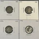 Lot Of 4 Silver Dimes. Includes Seated Liberty, Barber, Mercury, & Roosevelt.