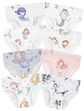 Girls' Underwear,Soft Cotton 6 Mermaid-fish-bubbles-dolphin-starfish-white-pink