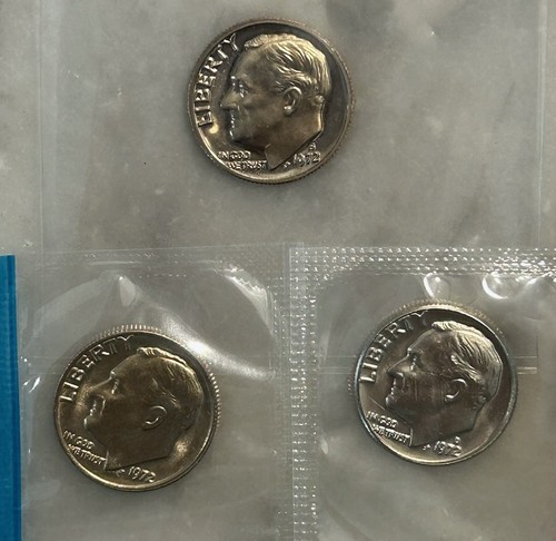 1972 P D S Roosevelt Dime - Proof & BU 3 Coin Lot - Mint Cello - Uncirculated - Picture 2 of 5