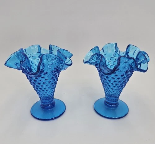 Set Of Fenton Glass Colonial Blue Hobnail Small Vase Footed Ruffled 4”H Vintage