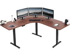 VIVO Dark Walnut / Black Electric 71" x 71" Curved Corner Stand Up Desk