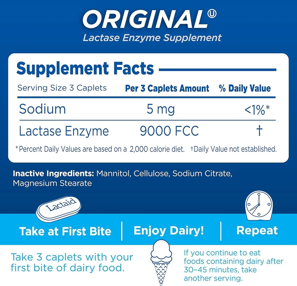 Lactaid Original Lactase Enzyme Supplement for Lactose Intolerance, 120 Caplets - Image 3 of 4