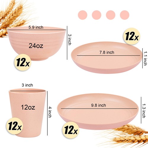 LIYH 48 Pcs Pink Wheat Straw Dinnerware Set Plastic Plates and Bowls Dinnerwa... - Picture 2 of 9