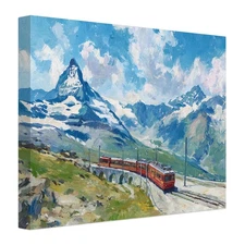 Switzerland Matterhorn with Train Painting Canvas Print – Alpine Mountain
