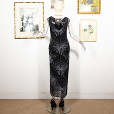 Vintage 1990s After Six by Ronald Joyce Black Beaded Silk Art Deco Evening Dress