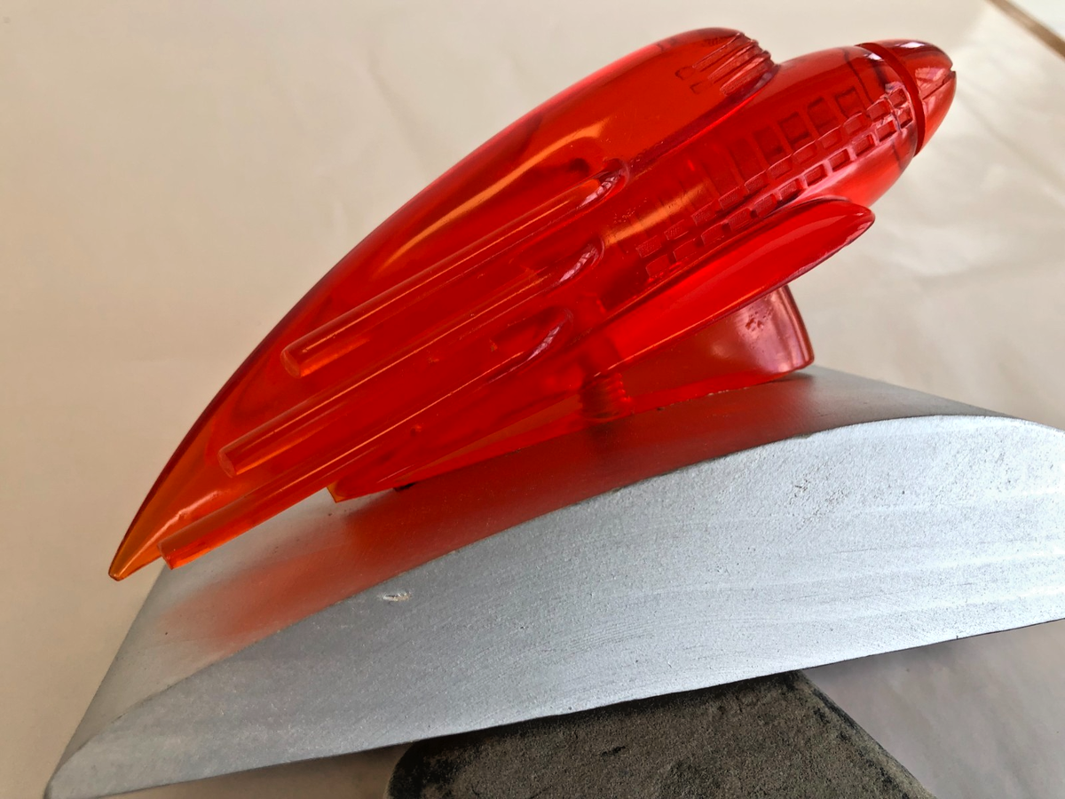 RED ROCKET HOOD ORNAMENT, 1935 1936 HUPMOBILE, WITH BASE, RARE