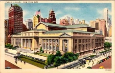 New York Public Library Postcard 1940s Fifth Avenue 42nd Street Linen Era