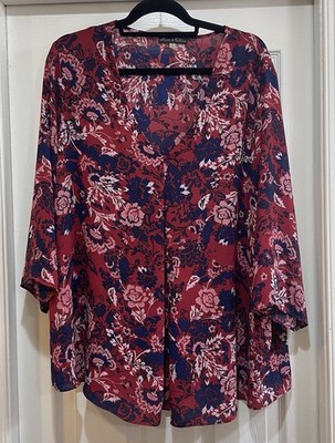 Rose & Olive Women's Floral 2X Blouse W/ Neck & Front Pleat. 26  P2P X 29  Long