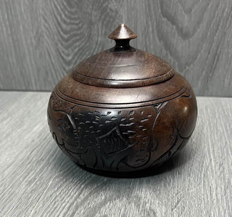 Hand Carved Wooden Lidded Bowl Jar Elephant Motif Trinket Box Rustic Decor Art - Image 4 of 4