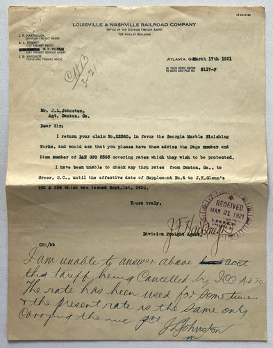 Louis & Nashville Railroad Company Division Freight Agent Correspondence Letter