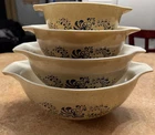 Vintage Pyrex Homestead Cinderella Mixing Bowl Set 441, 442, 443, 444 Tan Blue