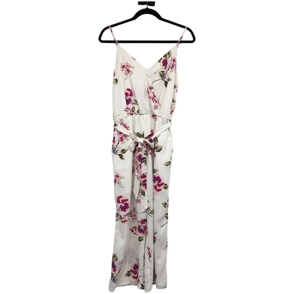 Dynamite White & Fuschia Floral Surplice neck Waist Tie Jumpsuit