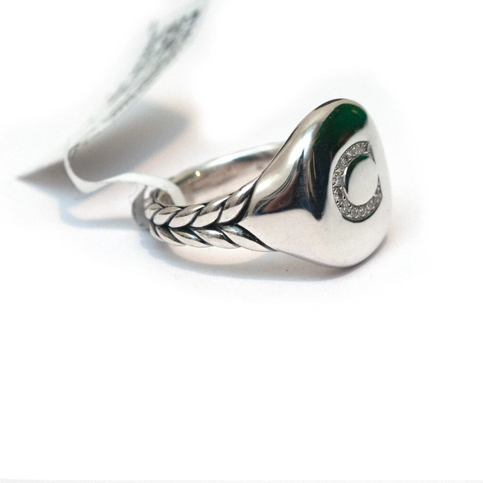 Anillo DAVID YURMAN Nuevo Pavé Inicial Letra C Pinky en Diamante y Plata Talla 4 Foto 2 de 4