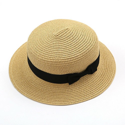Womens Ladies Straw Boater Hat Festival Summer Sun Visor Wide Brim Beach Cap AU - Picture 12 of 14