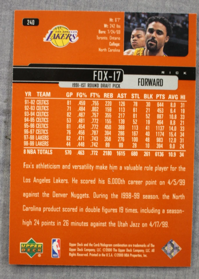 Tarjeta de error 1/1 de Rick Fox Los Angeles Lakers - Boston Celtics 1999-00 Upper Deck Foto 2 de 2