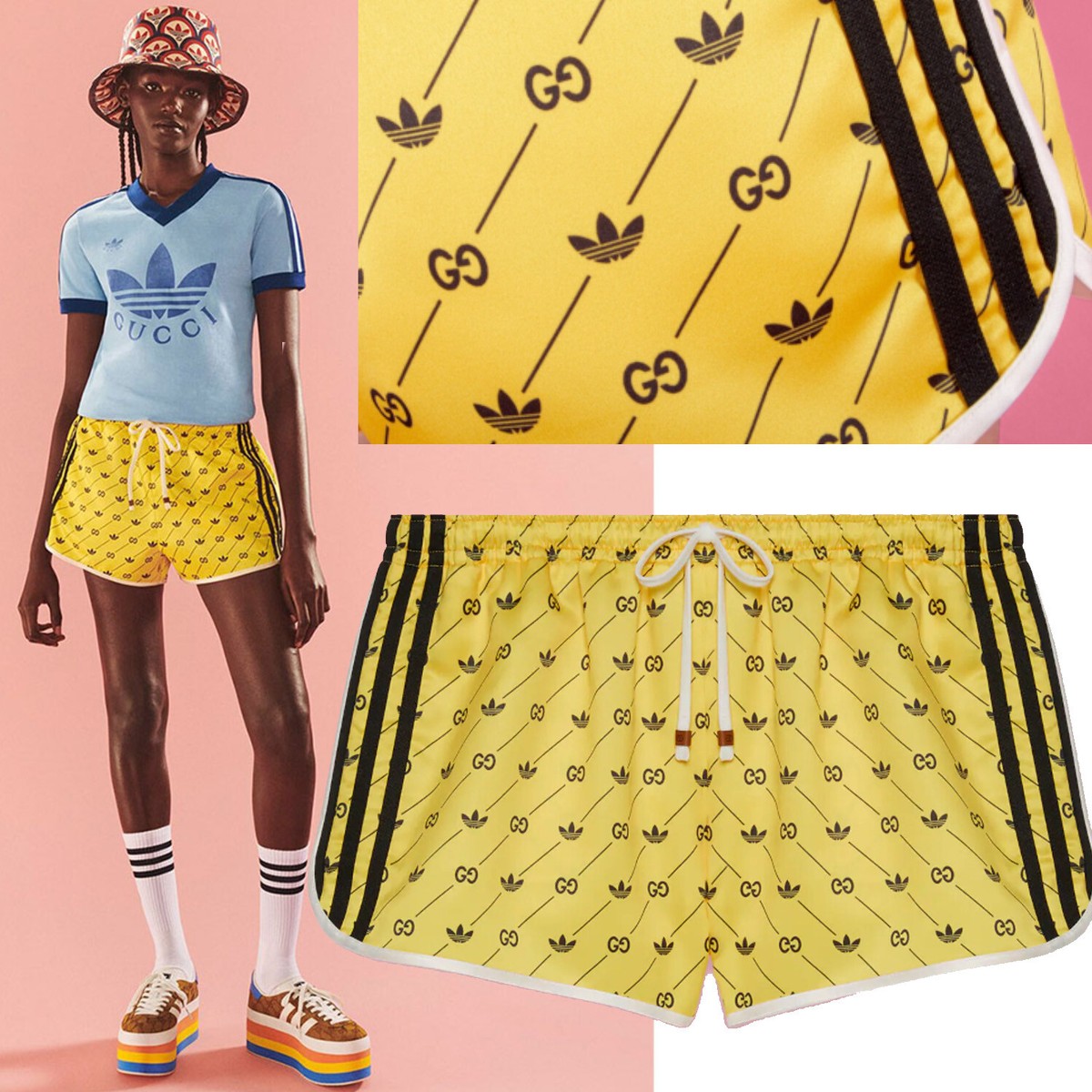 GUCCI SHORTS X ADIDAS TREFOIL INTERLOCKING GG LOGO YELLOW w GUCCI SHORTS X ADIDAS TREFOIL INTERLOCKING GG LOGO YELLOW w
