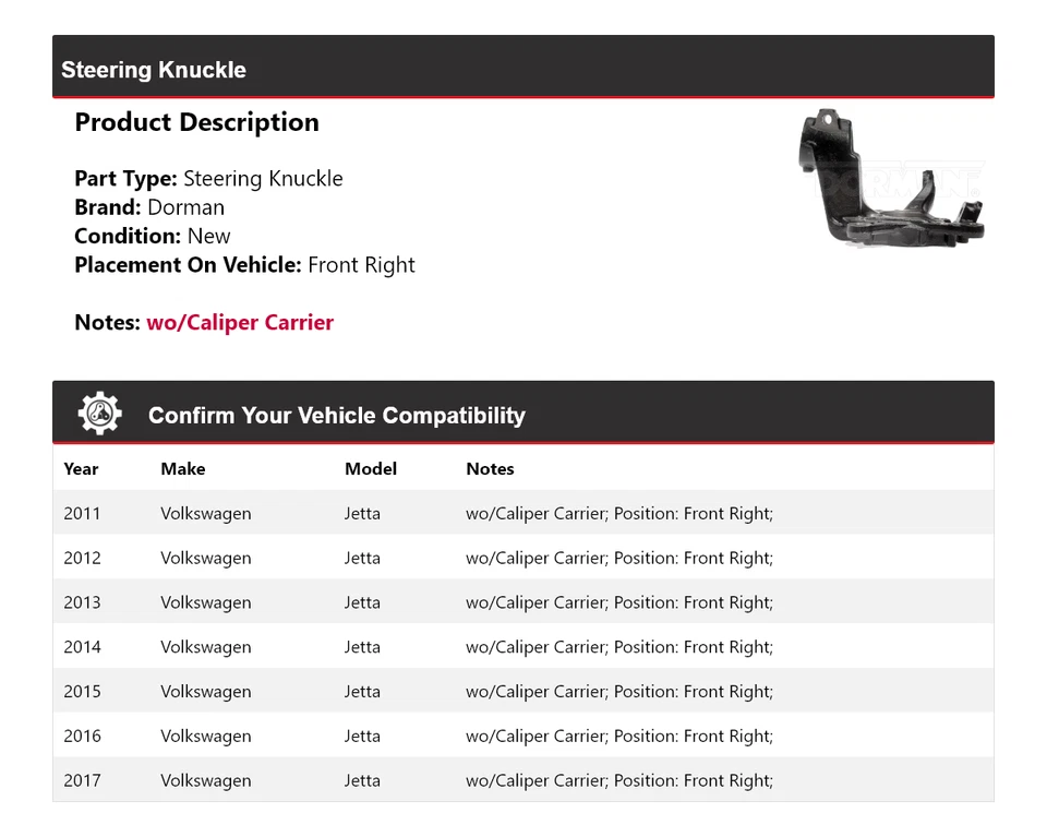 Nudillo de dirección delantero derecho para Volkswagen Jetta Dorman 2011-2017 2012 2013 Foto 2 de 4