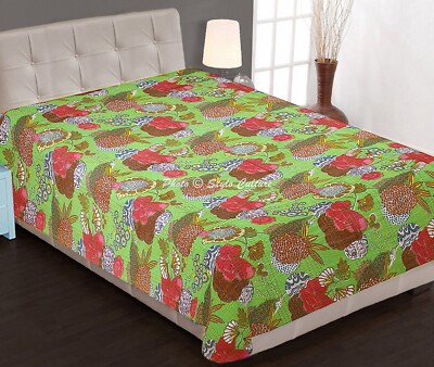 Handmade Green Fruit Reversible Kantha Quilt - Bohemian Cotton Bedspread & Throw Blanket