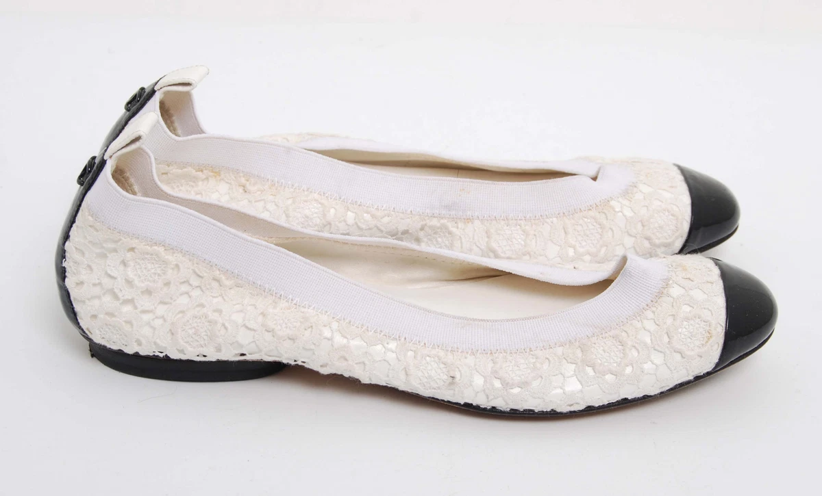 CHANEL Women White Ballet Flats Fabric Leather Floral Lace Moccasins Size  EUR 36