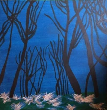 Painting Landscape Nighttime Night Blue Pink Floral Enchanted Forest Wall Decor