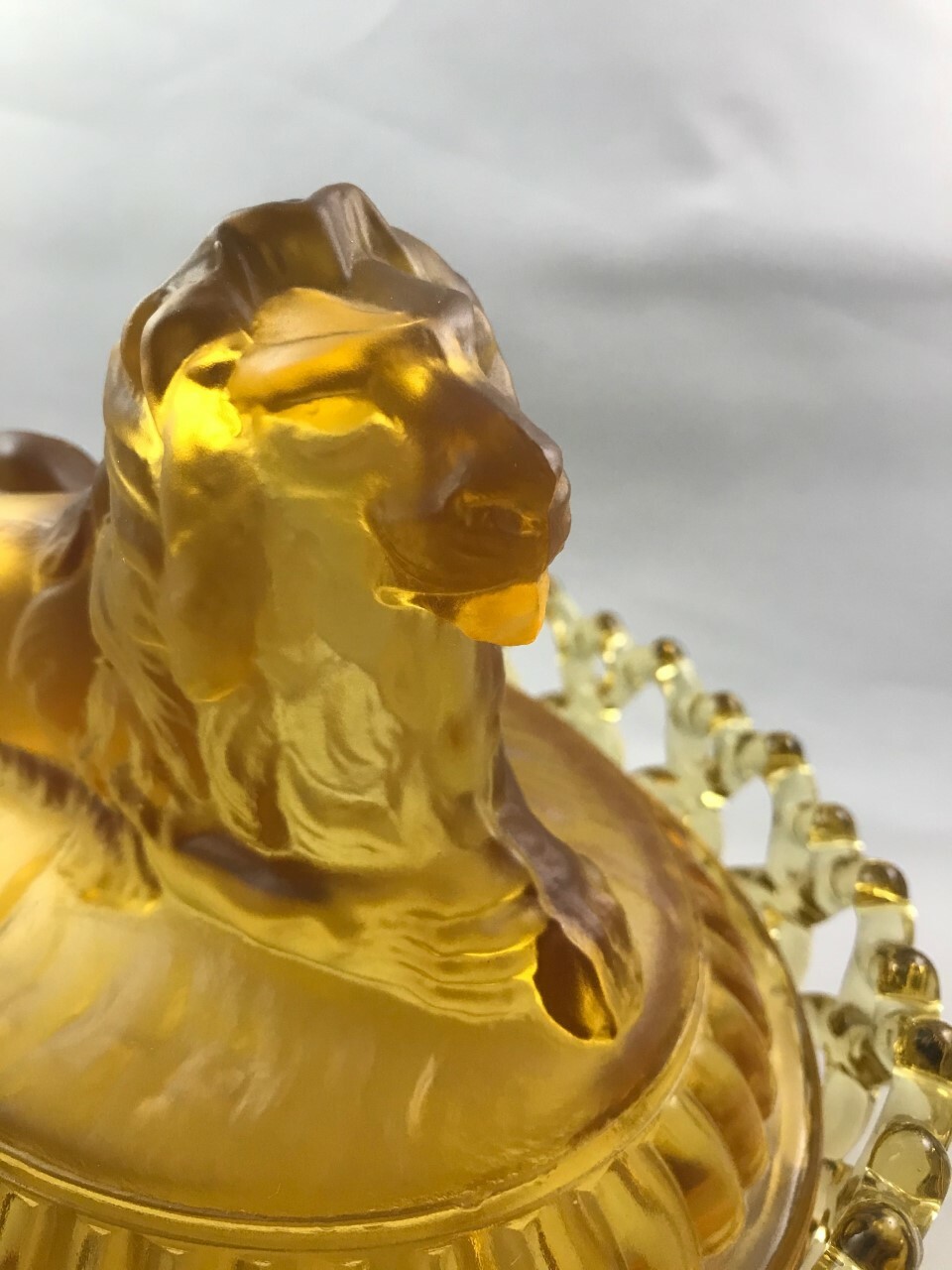 1889 IMPERIAL Glass Satin Frosted Amber ATTERBURY LION Candy Dish