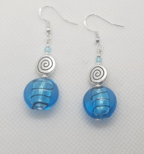TURQUOISE BLUE SPIRAL LAMPWORK GLASS EARRINGS 925 5CM DROP E158 - Picture 3 of 3
