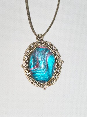 1  Oval Bronze Pendant Handmade Red & Blue Necklace 21'' Long #BOR