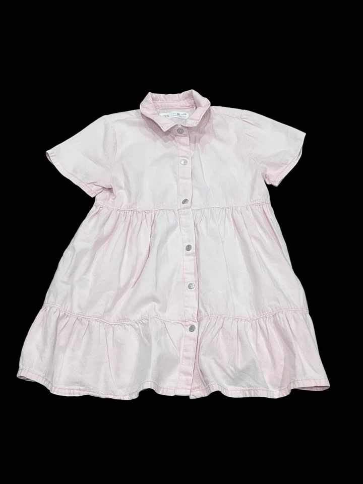 Zara Girl's 4-5 Pink Denim Shirt Dress Short Sleeves Tiered Collared 6987/502 - Image 3 of 4