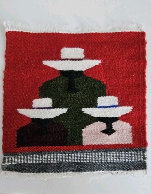 Mini Kelim Wand- Teppich Peru Inka 3 Personen Wolle Handgewebt Rot Quadrat 