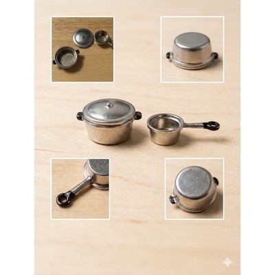 Vtg Miniature Dollhouse Silver Metal Pot w Lid Saucepan Kitchen Set 1:12 Scale
