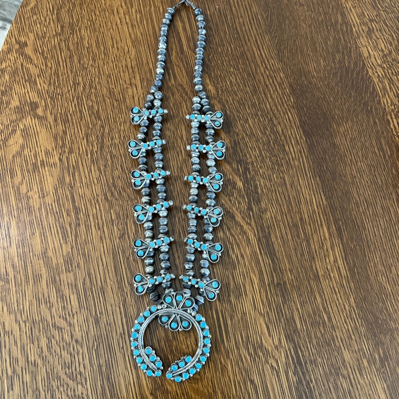 Silver And Turquoise Squash Blossom Necklace