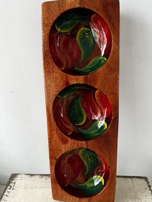 Mexican Chilis Hand Painted Salsa Dipping Sauce 3 Section Wood Bowl Serving Dish
