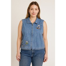 Christopher & Banks Denim Vest Women's XL Embroidered Bears Autumn Leaves Zipper