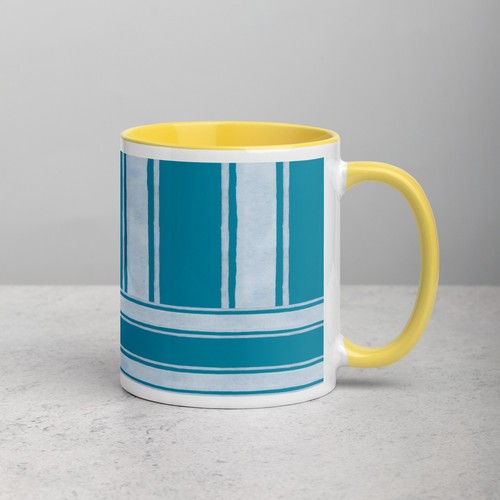 Tasse à café en céramique 11 oz blanc sarcelle rayé | Coupe de plage océan nautique côtier - Photo 24/30