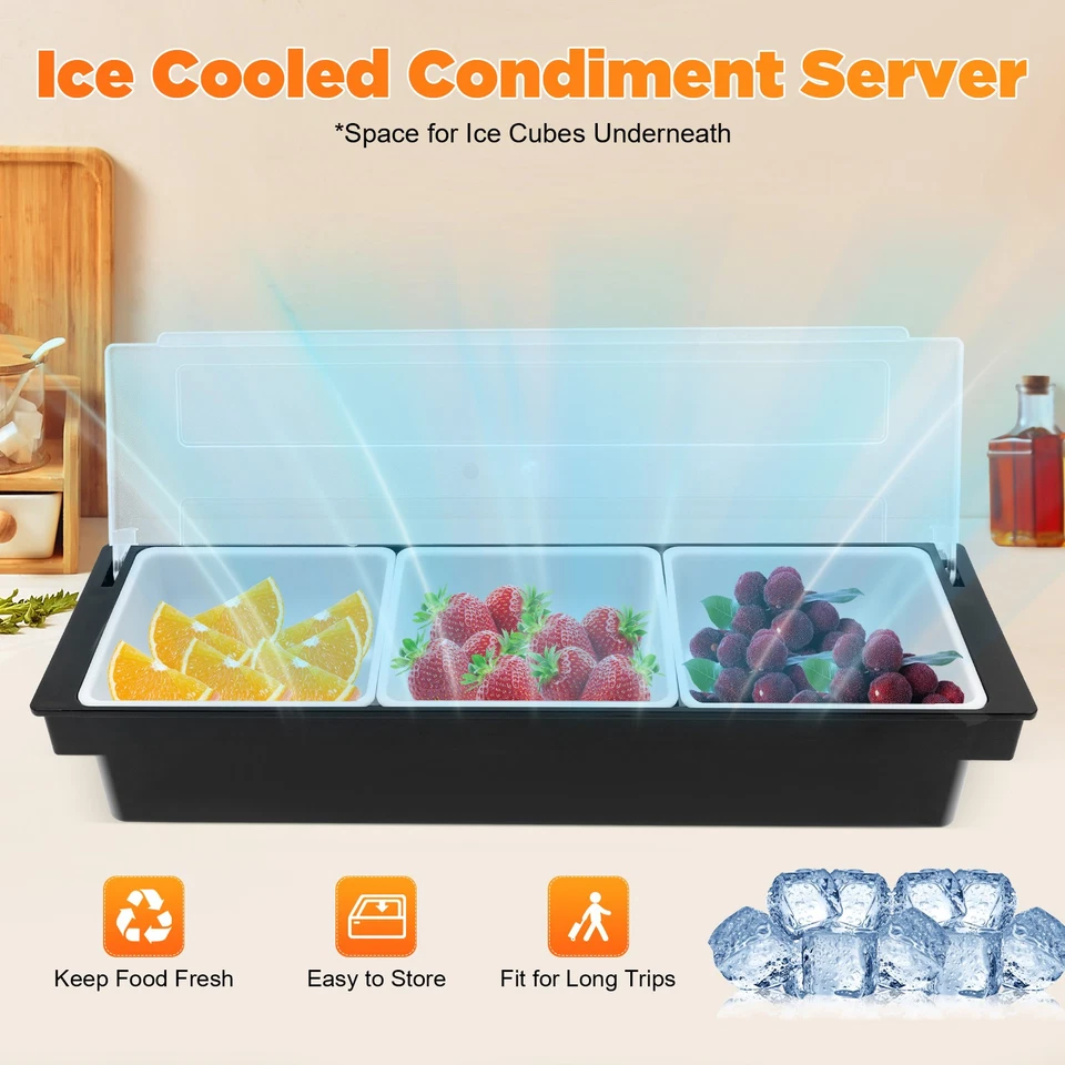 3/5 Compartments Condiment Dispenser Chilled Server Caddy Food FruitSalad Tray - Image 4 of 4