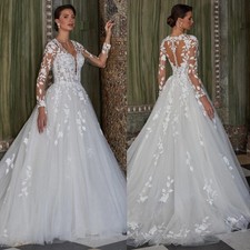 Classic Wedding Dress Woman Bride Full Sleeves Illusion with Button Sweep Train