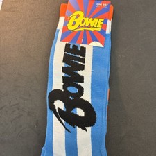 David Bowie Mens One Size 7-12 Blue White Stripe Graphic Novelty Crew Socks 1 Pr
