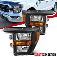 Fit 2021-2023 Ford F150 Black Halogen Headlights Headlamps Left+Right 21 22 23