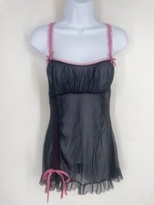 Vintage 90s Fredericks Of Hollywood Medium Black Pink Bow Babydoll Sheer Slip