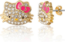 Pave Crystal Hello Kitty Earrings for Women Official License, Gold Tone and Enam