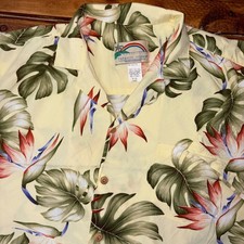 Paradise Found Hawaiian Shirt Mens L Yellow Bird of Paradise Monstera Rayon SEE