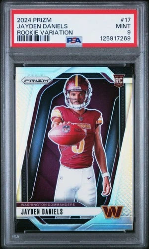 JAYDEN DANIELS 2024 PRIZM ROOKIE VARIATION RC #17 PSA 9 MINT! COMMANDERS LSU QB!